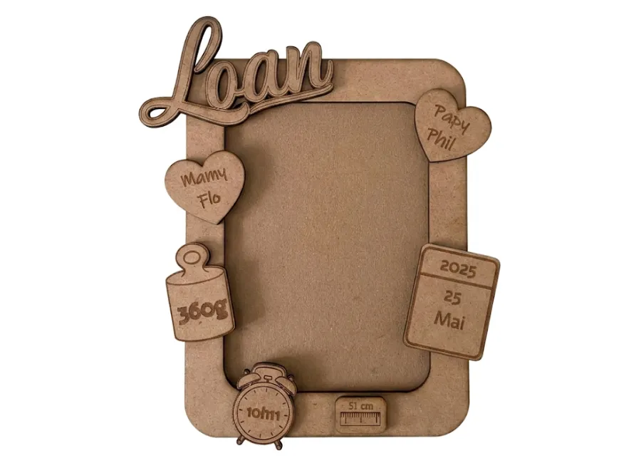 Cadre de naissance personnalisé en bois MDF seul, gravure laser prénom et date de naissance – Créa'Flo