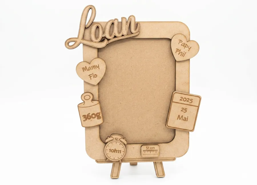 Cadre naissance bois MDF gravé laser, prénom Loan avec cœurs et infos bébé – Créa'Flo