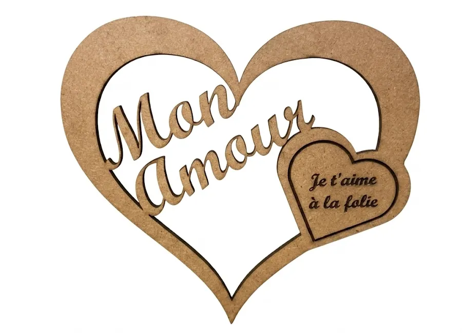 Cœur enchanté en bois MDF gravé laser avec inscription Mon Amour et Je t'aime à la folie, décoration houx Créa'Flo