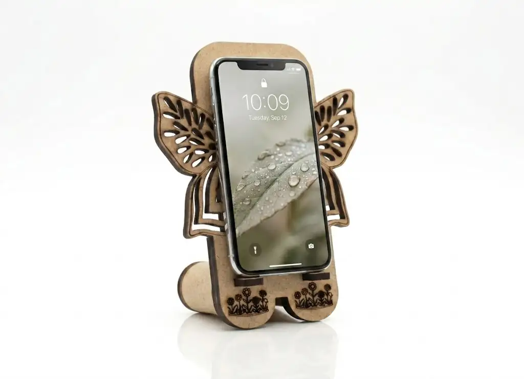 Support téléphone ange bois MDF gravé laser, vue de face avec téléphone posé, Créa'Flo