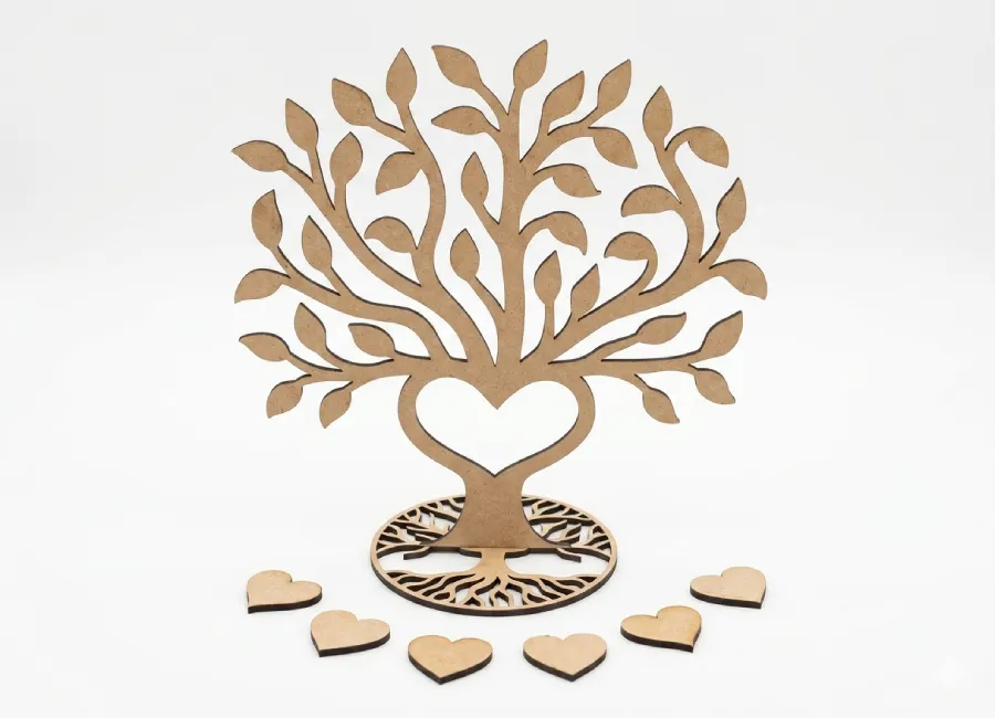 Arbre de vie en bois MDF découpé au laser, cœur dans le tronc et petits cœurs décoratifs, création Créa'Flo