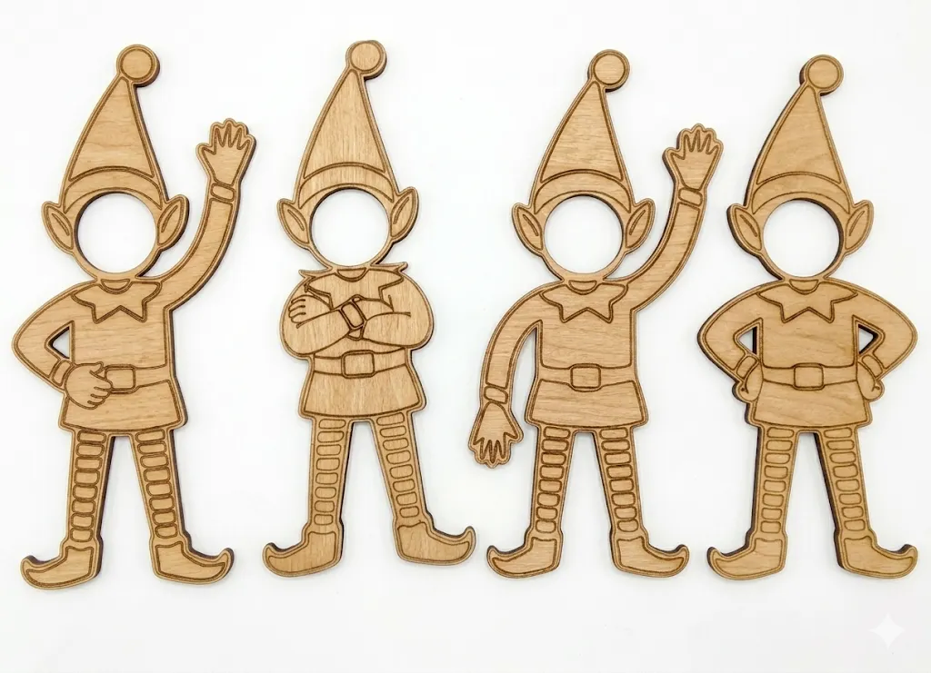 4 lutins malicieux bois MDF découpé laser, tête amovible pour photo personnalisée, Créa'Flo