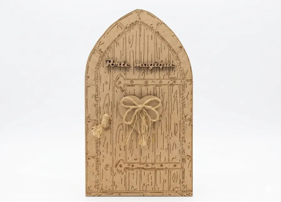 Porte magique miniature en bois avec gravures et nœud en corde pour décoration de chambre d'enfant.