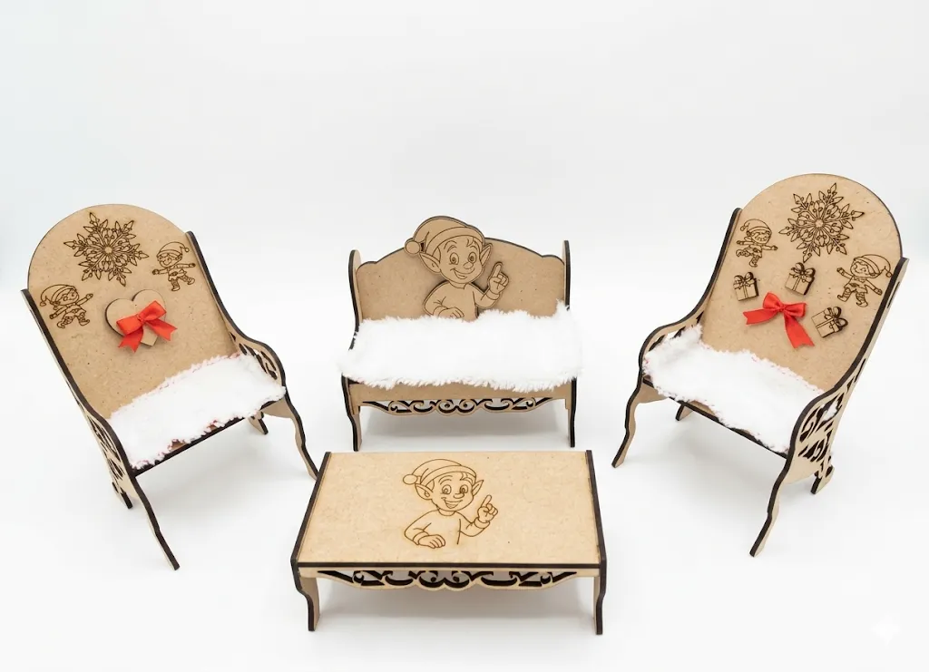 Salon complet lutin polaire bois MDF gravé laser, canapé table fauteuils coussins fourrure blanche, Créa'Flo Titre : Salon Lutin Polaire – Vue Complète