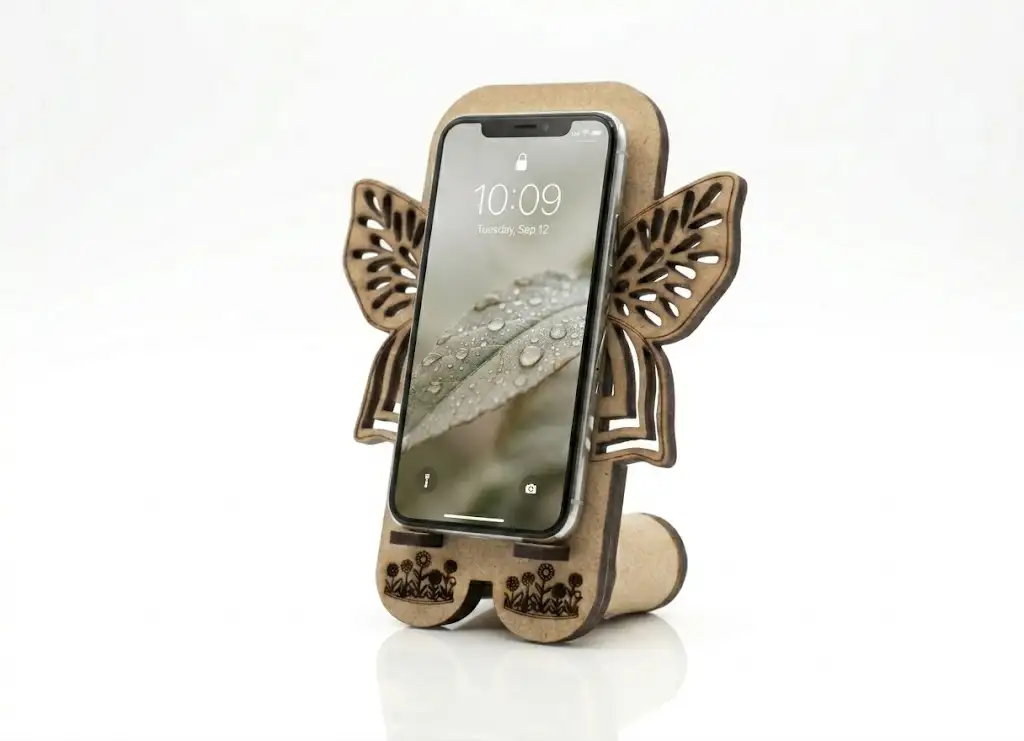 Support téléphone ange bois MDF gravé laser, ailes filigrane découpées, vue générale, Créa'Flo