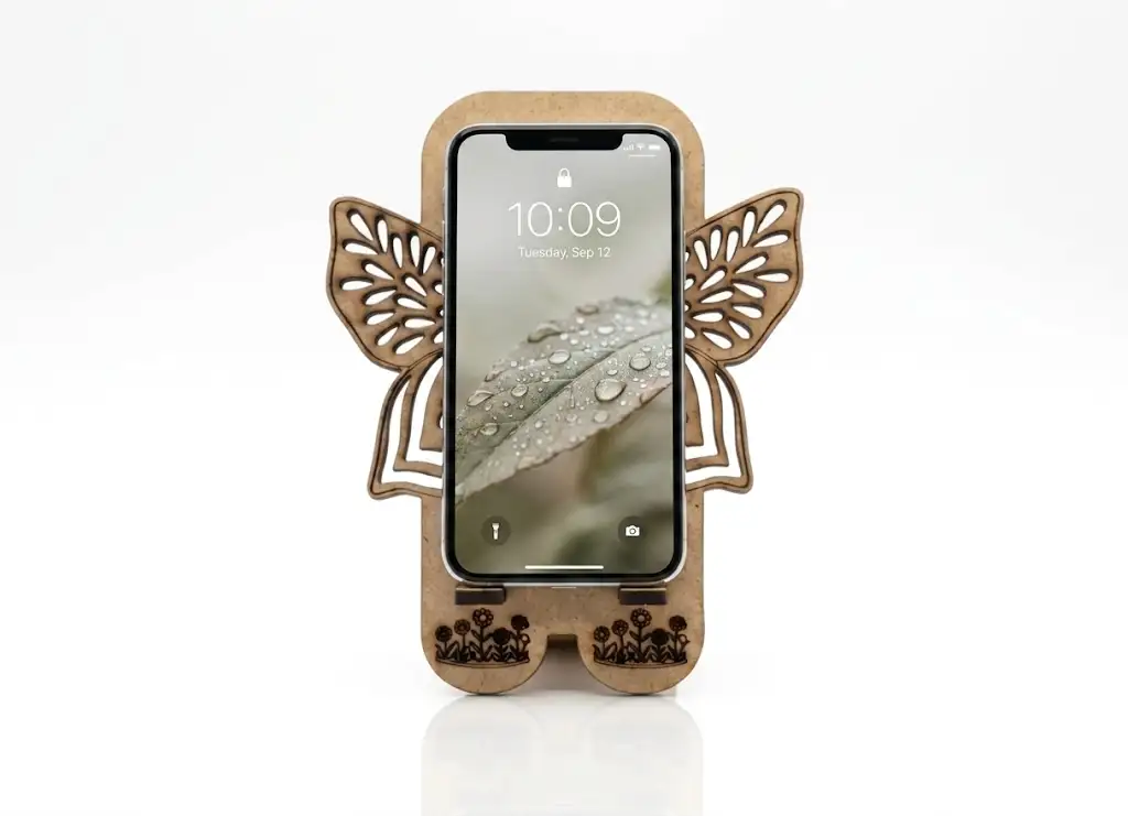 Support téléphone ange bois MDF gravé laser, gros plan ailes filigrane découpées laser, Créa'Flo