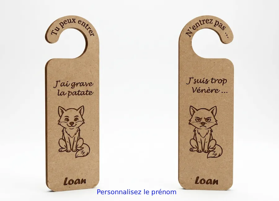 Accroche-porte personnalisé « Loan » avec un renard. Version recto (bonne humeur) et verso (mauvaise humeur)