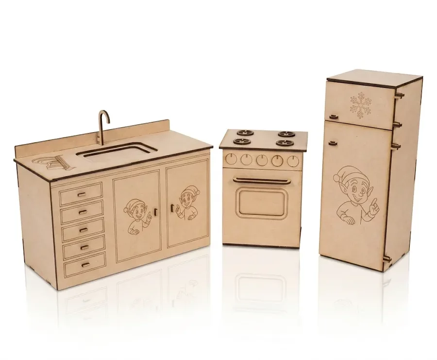 Set cuisine miniature bois MDF gravé laser enfant, évier gazinière frigo lutin, Créa'Flo
