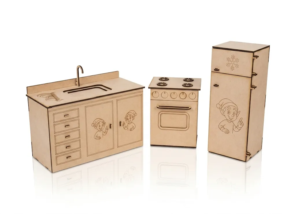 Set cuisine miniature bois MDF gravé laser enfant, évier gazinière frigo lutin, Créa'Flo