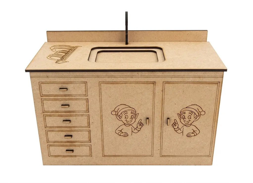 Évier miniature bois MDF plan de travail tiroirs gravure lutins, cuisine enfant artisanale, Créa'Flo
