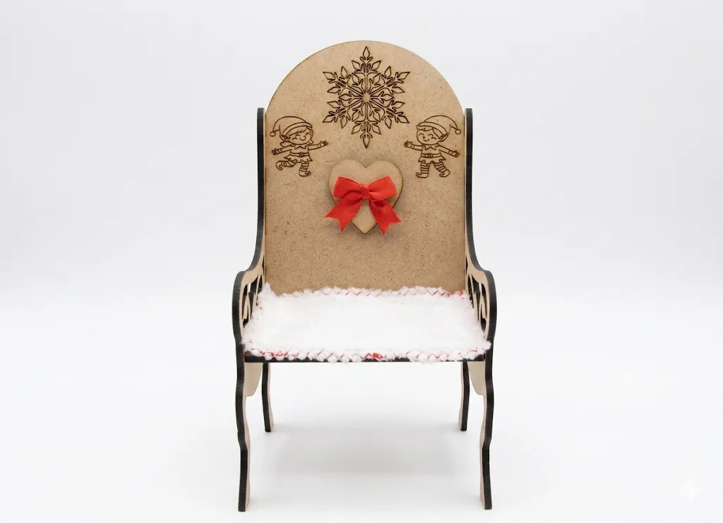 Trône polaire lutin miniature bois MDF gravé flocons de neige, coussin fourrure blanche, Créa'Flo