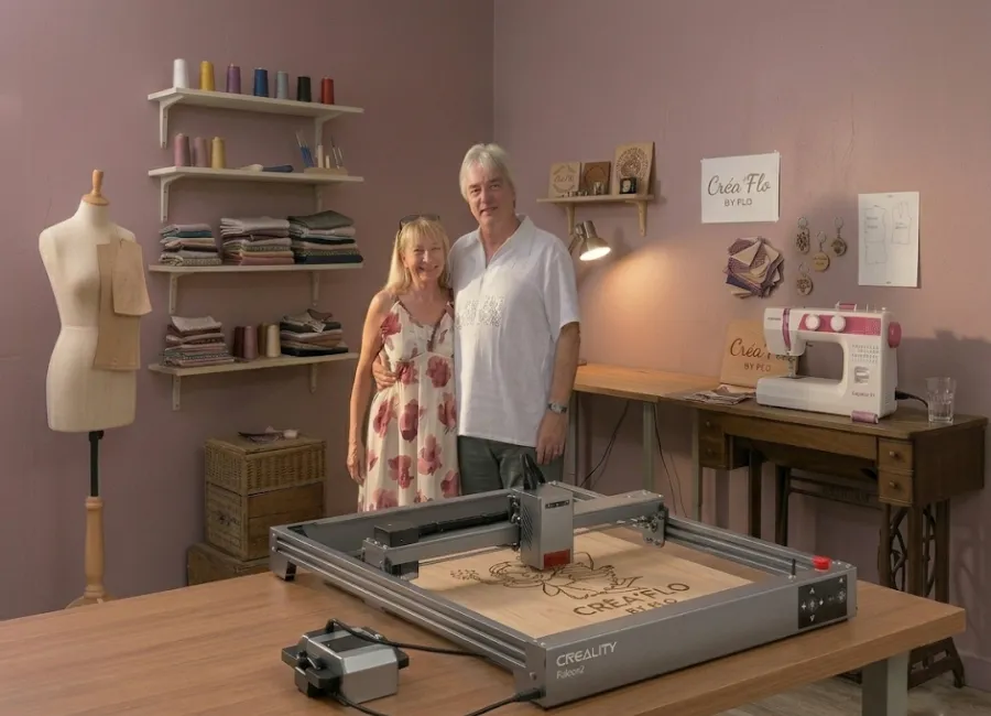 Flo et Phil dans leur atelier Créa'Flo — gravure laser et couture main