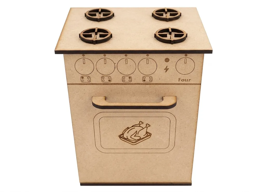 Gazinière miniature bois MDF 4 feux gravée laser, four lutin découpé main, jouet dînette enfant, Créa'Flo