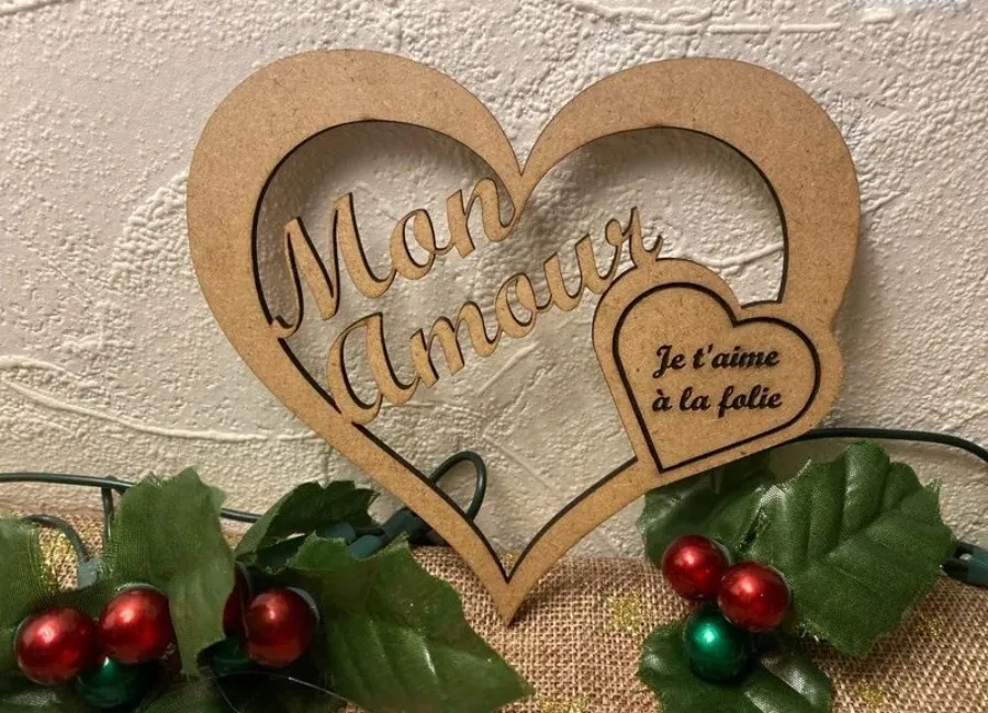 Cœur enchanté en bois MDF gravé laser avec inscription Mon Amour et Je t'aime à la folie, décoration houx Créa'Flo