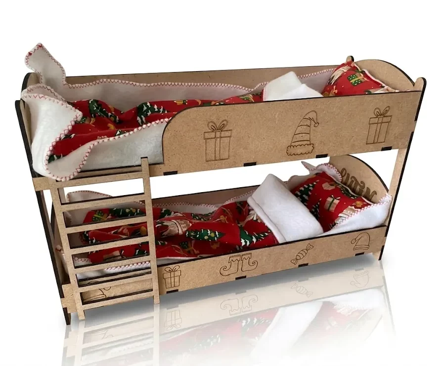 Lit superposé poupée bois MDF gravé laser thème Noël, 2 niveaux literie polaire, Créa'Flo