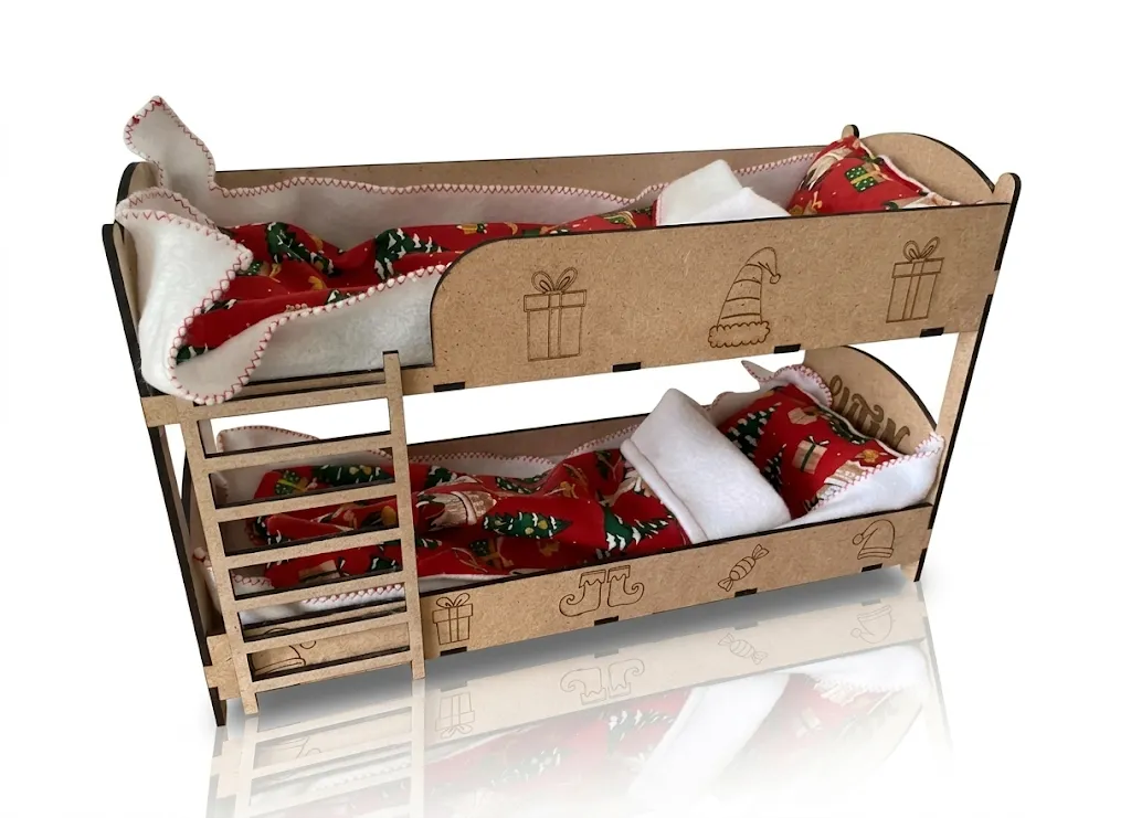 Lit superposé poupée bois MDF gravé laser thème Noël, 2 niveaux literie polaire, Créa'Flo