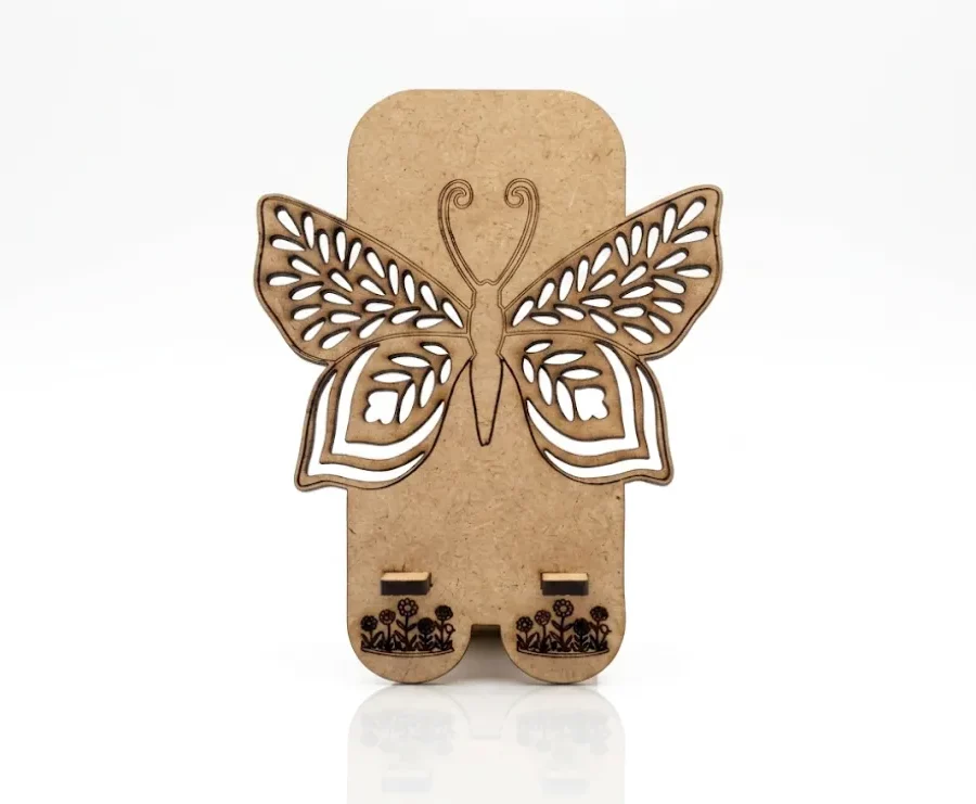Support téléphone bois MDF avec papillon en filigrane gravé au laser, Créa'Flo
