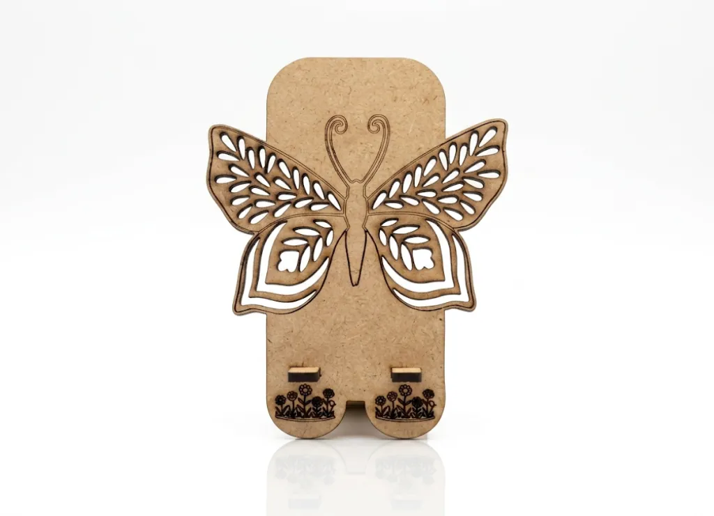 Support téléphone bois MDF avec papillon en filigrane gravé au laser, Créa'Flo