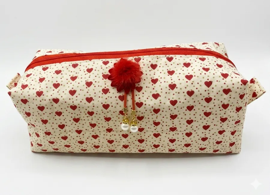 Trousse maquillage cœur vue dessus ouverte, coton blanc motifs cœurs rouges et pompon, cousue main