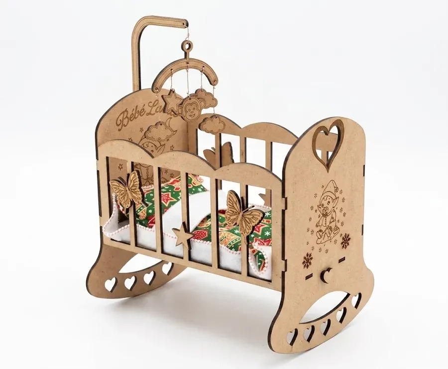 Berceau enchanté à bascule des lutins en bois MDF avec mobile et draps polaire colorés, Créa'Flo