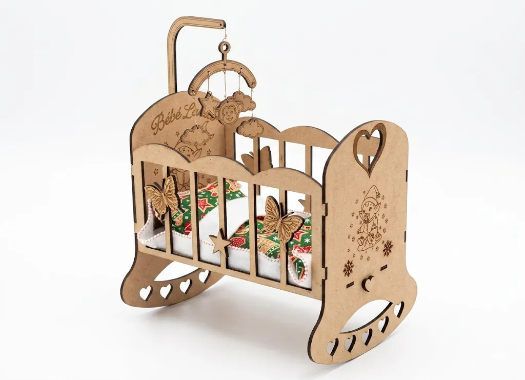Berceau enchanté à bascule des lutins en bois MDF avec mobile et draps polaire colorés, Créa'Flo