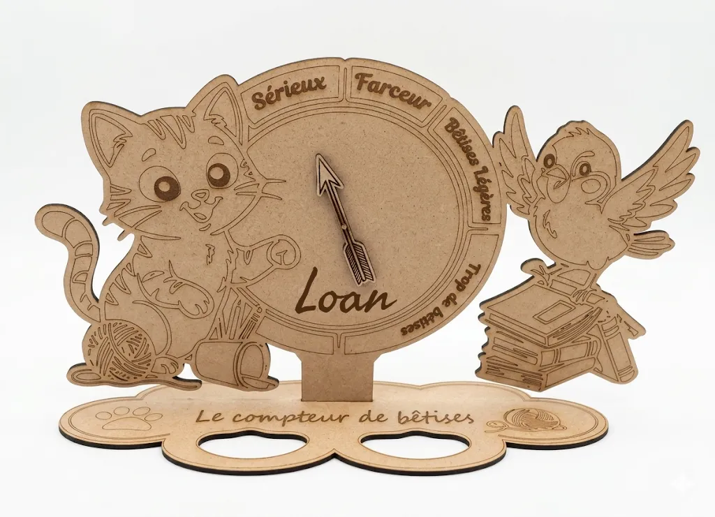 Compteur de bêtises bois MDF avec prénom Loan gravé laser sur socle nuage, Créa'Flo