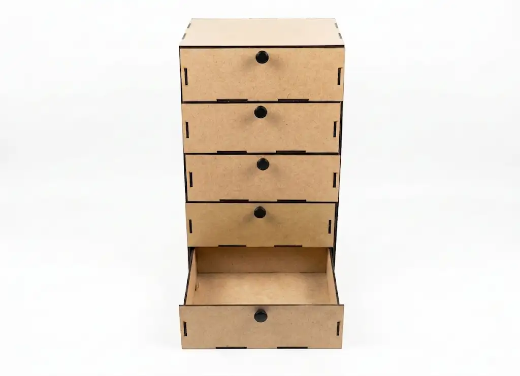 Rangement bureau bois MDF 5 tiroirs vue de face tiroir inférieur ouvert, Créa'Flo
