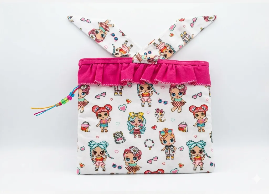 Pochon petite fille vue du dessus ouvert, oreilles lapin tissu poupées et bord rose fuchsia, Créa'Flo