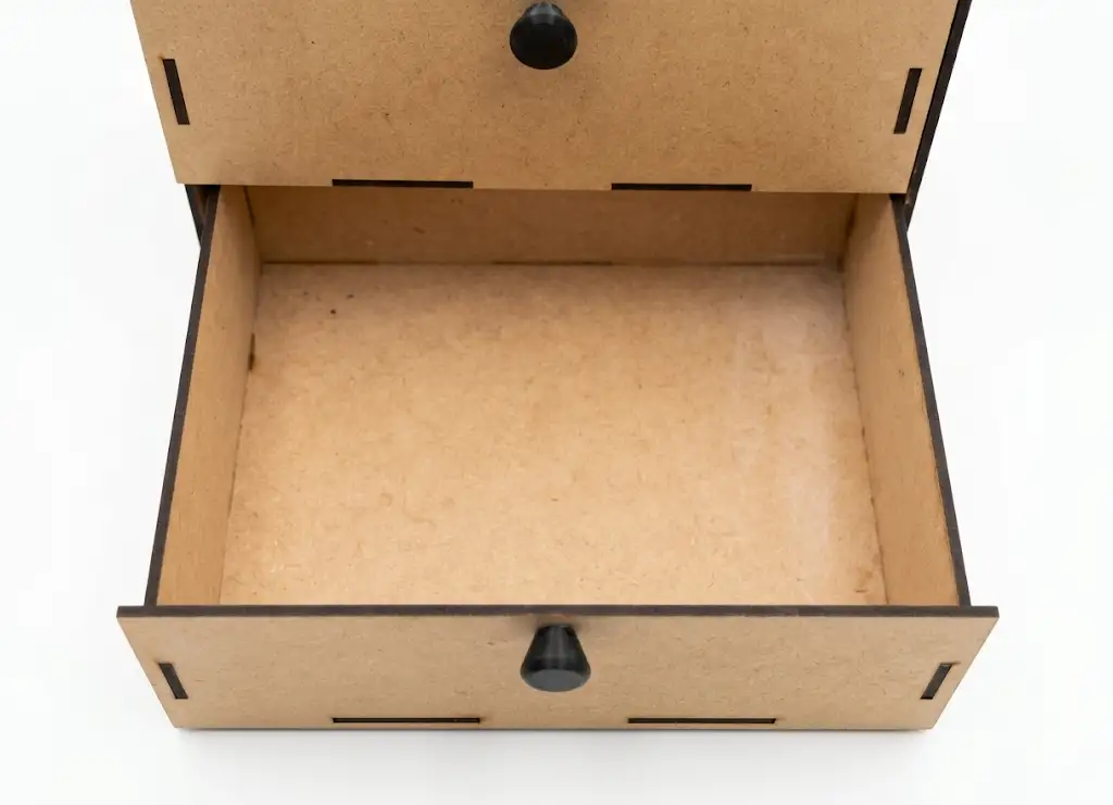 Rangement bureau bois MDF intérieur tiroir ouvert poignée détail découpé laser, Créa'Flo