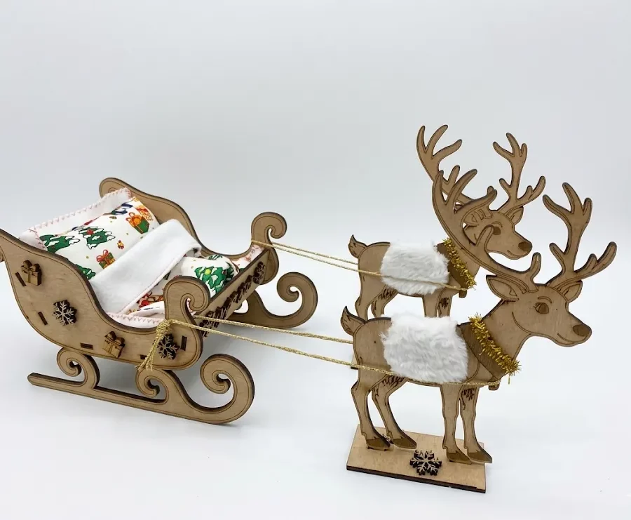 Traîneau Père Noël et ses 2 rennes bois MDF gravé laser, set complet, Créa'Flo