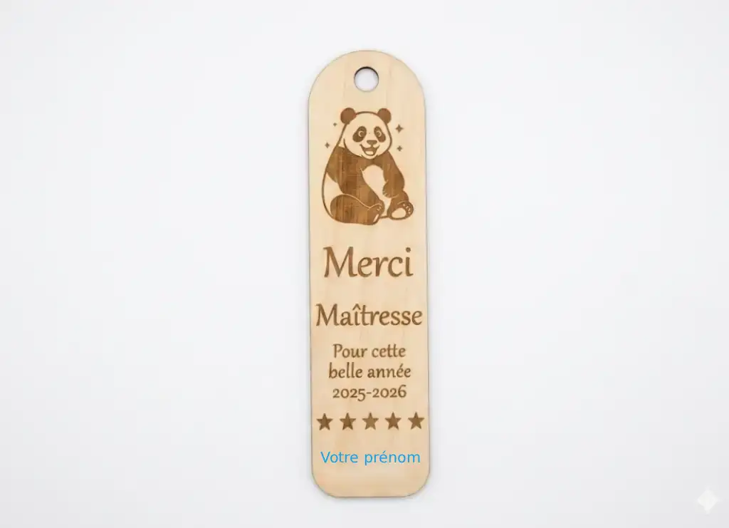 Marque page maîtresse bois MDF gravé laser, vue détail prénom Loan et cinq étoiles, Créa'Flo
