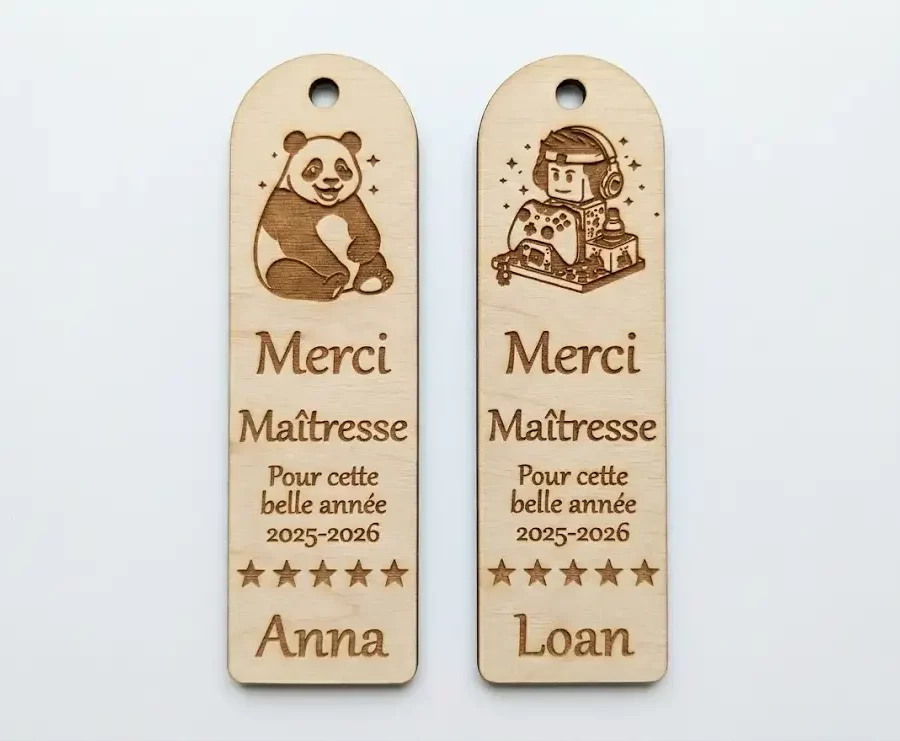 Marque page maîtresse bois MDF gravé laser, exemples personnalisés panda et gamer avec prénom, Créa'Flo