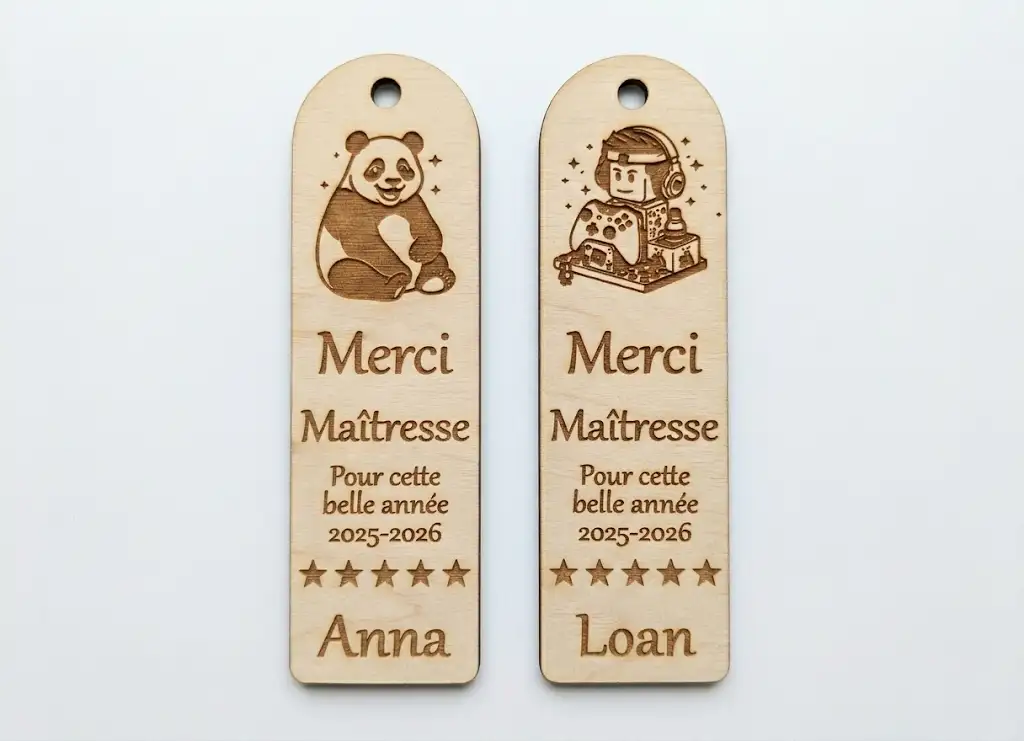 Marque page maîtresse bois MDF gravé laser, exemples personnalisés panda et gamer avec prénom, Créa'Flo
