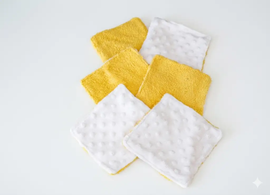 Lingettes lavables bébé éponge jaune coton blanc incluses panier rangement, Créa'Flo