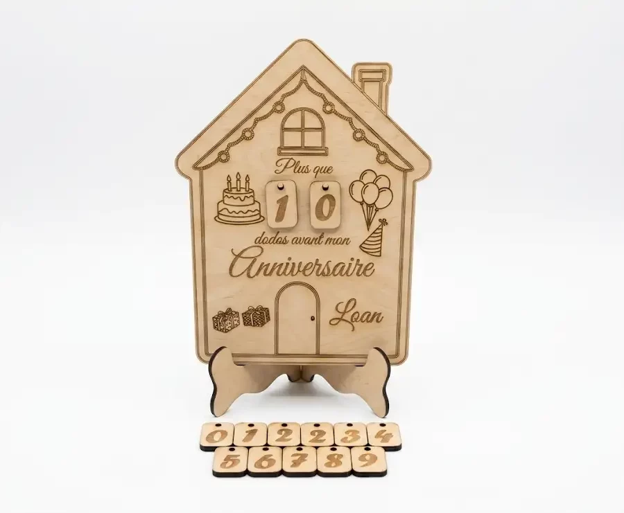 Compteur dodos anniversaire maison bois MDF gravée laser chiffres interchangeables, Créa'Flo