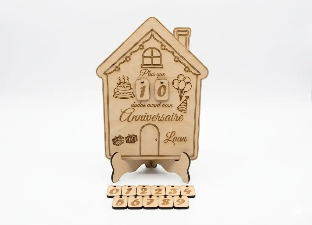 Compteur dodos anniversaire maison bois MDF gravée laser chiffres interchangeables, Créa'Flo