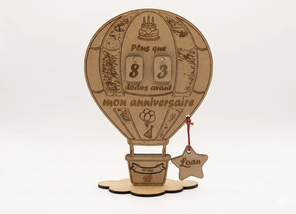 Compteur dodos anniversaire ballon bois MDF gravé laser 20 cm avec nacelle, Créa'Flo
