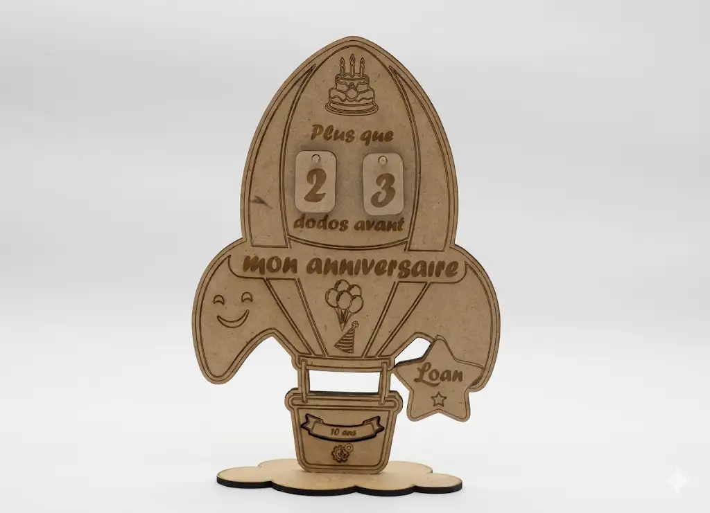 Compteur dodos anniversaire forme fusée bois MDF gravé laser 15 cm, chiffres mobiles, Créa'Flo