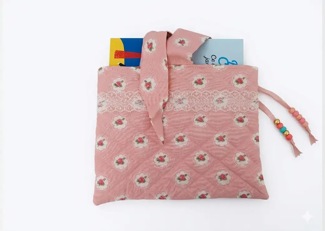 Pochette liseuse coton rose poudré bucolique avec livre inséré, cousu main Créa'Flo