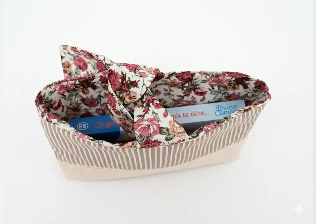 Pochette liseuse lin bande fleurie roses, vue de dessus avec livre cousu main Créa'Flo
