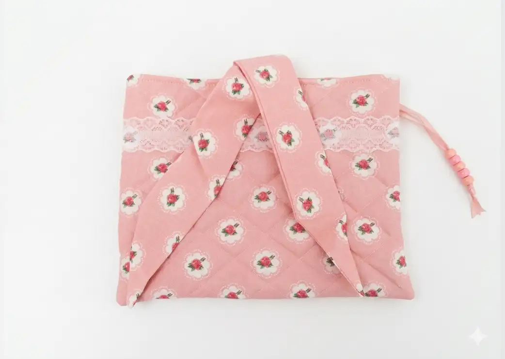 Pochette liseuse coton rose petits motifs floraux bucoliques vue à plat, cousu main Créa'Flo