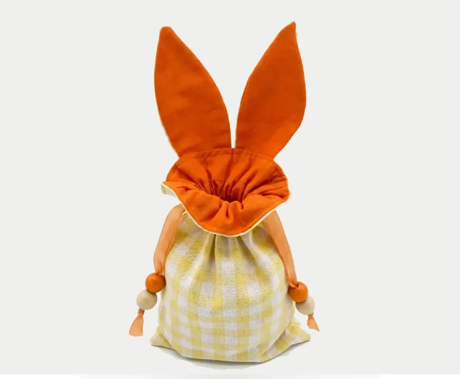 Pochon lapinou chasse aux œufs tissu coton vichy jaune oreilles oranges fait main, Créa'Flo