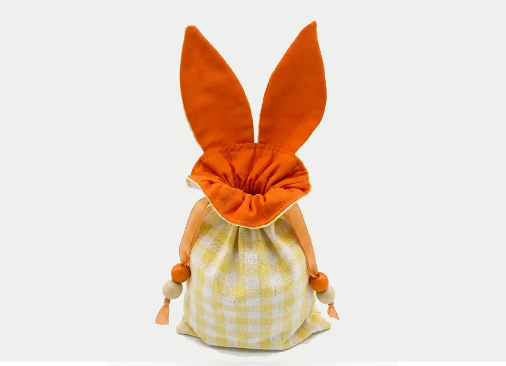 Pochon lapinou chasse aux œufs tissu coton vichy jaune oreilles oranges fait main, Créa'Flo