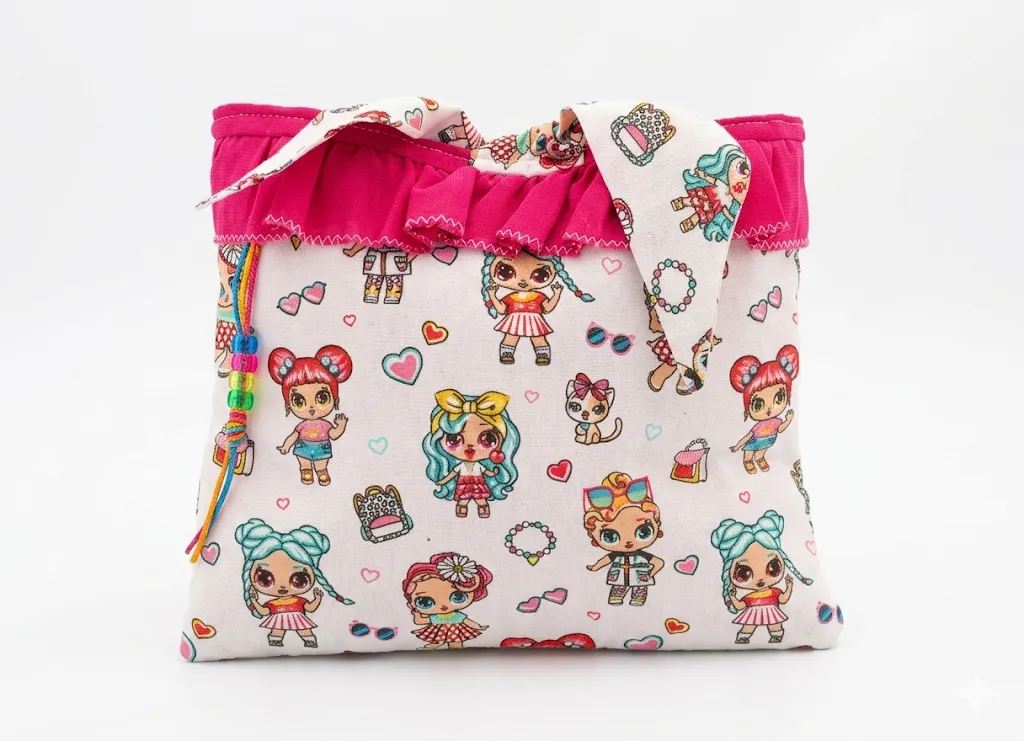 Pochon petite fille tissu imprimé poupées colorées, oreilles lapin et volant rose fuchsia cousu main, Créa'Flo