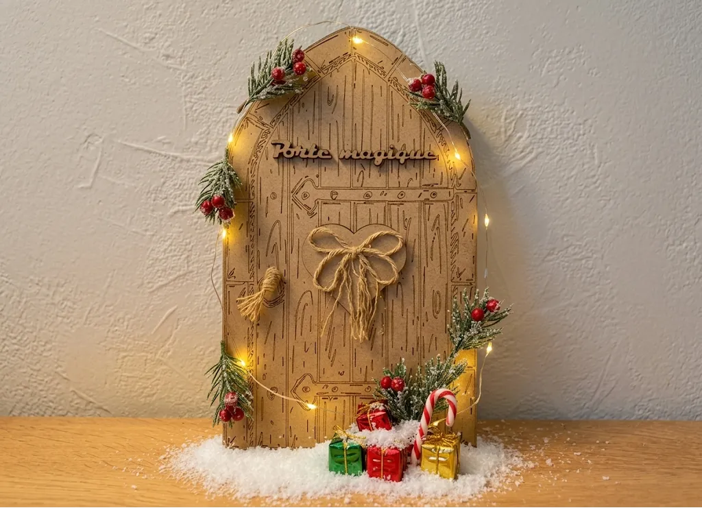 Porte magique Petite Souris bois MDF gravé laser, mise en scène Noël avec LED et cadeaux, Créa'Flo