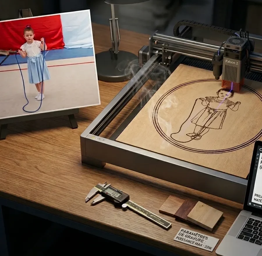 Portrait gravé bois MDF en cours de réalisation au laser Falcon 2, Créa'Flo
