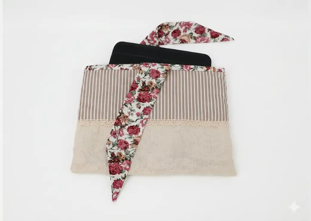 Pochette protection liseuse lin bande fleurie, Kindle noir glissé dedans cousu main Créa'Flo