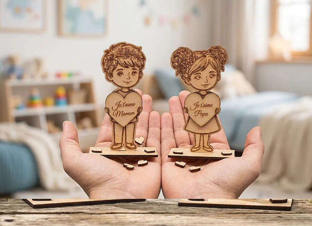 Duo de figurines gravées en bois tenues dans les mains, cadeau affectif parents Créa'Flo