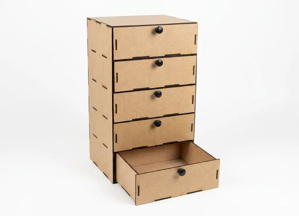 Module rangement bureau bois MDF vue latérale tiroir ouvert découpé laser, Créa'Flo