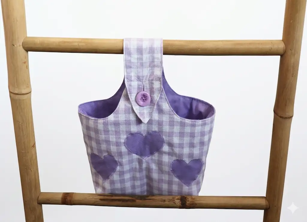 Sac suspendu vichy violet à cœurs accroché sur barre bambou, Créa'Flo